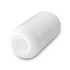 A white reusable coffee cup with a rounded body and a flat base, featuring a logo on one side.