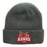 A grey knitted beanie featuring a logo with a hawk design on the front.