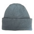 A grey 6 seam knitted beanie with a textured design and fold-over cuff, featuring a logo.