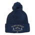 A navy knitted beanie with a pom pom on top and a logo featuring mountains and text.
