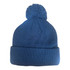A blue 6 seam knitted beanie with a pom pom on top, featuring a fold-over cuff. It has a logo on one side.