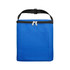 A blue insulated cooler bag with a zip closure and a carrying strap, featuring a front pocket and a logo.