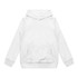 A white youth active hoodie with a front pocket and long sleeves, featuring a logo.