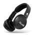 Wireless headphones in black with cushioned ear cups and an adjustable headband, featuring a logo on the side.