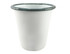 A white enamel tumbler with a dark green rim, featuring a logo on its surface.