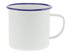 A 500ml white enamel mug with a blue rim and a handle. It features a logo on the side.