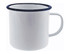 A white enamel mug with a blue rim, featuring a handle. The mug has a smooth, shiny finish and no visible branding.