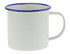 A mug with a white body and a blue rim, featuring a handle and a logo. Ideal for hot or cold beverages.