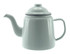 A light grey enamel teapot with a lid and a curved spout, featuring a handle and a simple design.