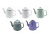 A collection of five teapots in various colours: white, pale green, grey, and purple, with one featuring a logo.