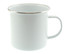 A white rimmed enamel mug with a silver trim and a handle, suitable for various beverages.