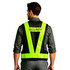 A reflective adjustable safety vest in fluorescent yellow with a pocket, worn by a person from the back.