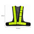 A V-shape hi-vis reflective safety vest in bright yellow and black with adjustable straps and a pocket.