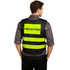 A gourd-shaped, hi-vis reflective safety vest in bright yellow and black, featuring adjustable straps and a logo.