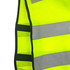 A bright yellow hi-vis reflective safety vest with grey reflective stripes and black borders. Features a logo.