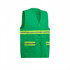 A green reflective button-down safety vest featuring two horizontal reflective stripes and front pockets.