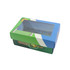 A custom gift box in blue and green with a windowed removable lid featuring a logo and containing tennis socks.