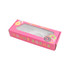 A pink rectangular gift box with a clear window, decorated with donut graphics, containing socks.