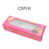A large pink gift box featuring a rectangular window, decorated with colourful donut illustrations and a logo.