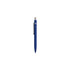 A blue metal ballpoint pen with a silver clip and a logo on the body.
