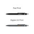 A black and grey NFC metal ballpoint pen with a logo, displayed with different print finishes above and below.