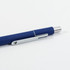 A metal ballpoint pen featuring a blue grip and a silver clip, with a sleek, modern design.