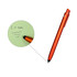 An orange ballpoint pen with a sleek design and a clip, displaying writing on a green notepad.
