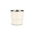 A camping mug in cream colour with a stainless steel rim and single wall design. Features a logo on the side.