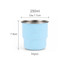 A blue 250ml single wall stainless steel round bottom camping mug with a metallic rim and a logo on it.