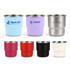 A drink bottle collection featuring stainless steel camping mugs in blue, purple, red, black, and white, with various logos.