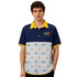 A men's Hawaiian shirt in blue and white, featuring a yellow collar and patterned design. It has a logo on the chest.