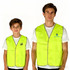 Hi-vis yellow safety vests with reflective trim, featuring a logo, displayed on a male adult and a child.