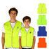 Hi-Vis reflective trim safety vests in yellow, orange, blue, and green, worn by an adult and a child. Each vest has a logo.
