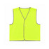 A bright yellow safety vest with reflective trim, featuring a Velcro placket and no sleeves.