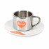 A stainless steel coffee mug with a mirror finish and an orange heart design, accompanied by a white saucer.