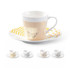 A coffee cup and saucer set in white with yellow striped and geometric designs, featuring a branding logo.