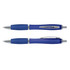 A translucent blue Vistro Pen with silver accents, displayed from two angles.