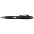 A plastic pen in black with a silver accent and a clip, featuring a logo on the barrel.