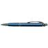 A metal pen in a vibrant blue colour with a textured grip and a silver clip, featuring branding.