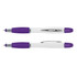 A multi-function pen in white and purple, featuring a sleek design and a clip for easy attachment.