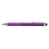 A purple stylus pen with a metallic silver clip and striped detailing along the barrel.