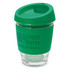 A drink cup featuring a clear glass body and a green silicone lid and sleeve, including a logo.