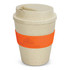 A reusable coffee cup in a natural beige colour with an orange silicone sleeve and a lid, featuring a logo.