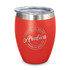 A drink bottle with a red exterior, featuring a clear lid and an engraved branding logo. Ideal for hot or cold beverages.