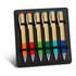 A display stand featuring six bamboo pens with assorted coloured accents: orange, green, blue, and red. The stand is black.