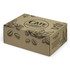 A light brown die-cut box with a locking lid, featuring coffee bean illustrations and a logo.