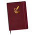 A burgundy notebook with a foil-printed logo on the cover and a matching elastic band.