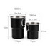 A stainless steel camping mug set in black, featuring two sizes: 280ml and 500ml, both with handles.