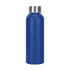 A drink bottle in a vibrant blue colour with a silver screw-top lid and a smooth finish. It features a logo.