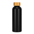 A drink bottle made of recycled aluminium, featuring a sleek black body and a wooden-style cap.